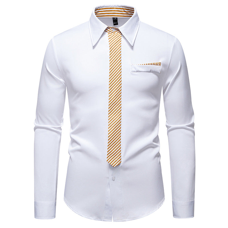 Men's Slim-Fit Business Shirt with Integrated Tie Look and Chest Pocket Mune Fashion