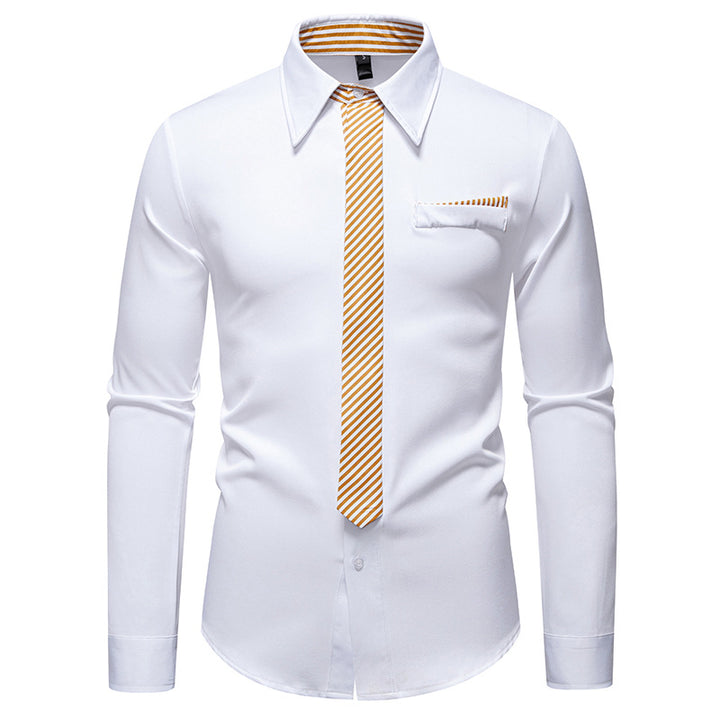 Men's Slim-Fit Business Shirt with Integrated Tie Look and Chest Pocket Mune Fashion