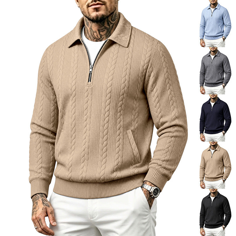 Men's Structured Cable Knit Half-Zip Sweater with Shirt Collar and Ribbed Cuffs Mune Fashion