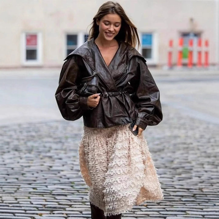 Women's Tailored Faux Leather Blouson with Wide Shawl Collar, Voluminous Balloon Sleeves and Double Studded Belt Mune Fashion