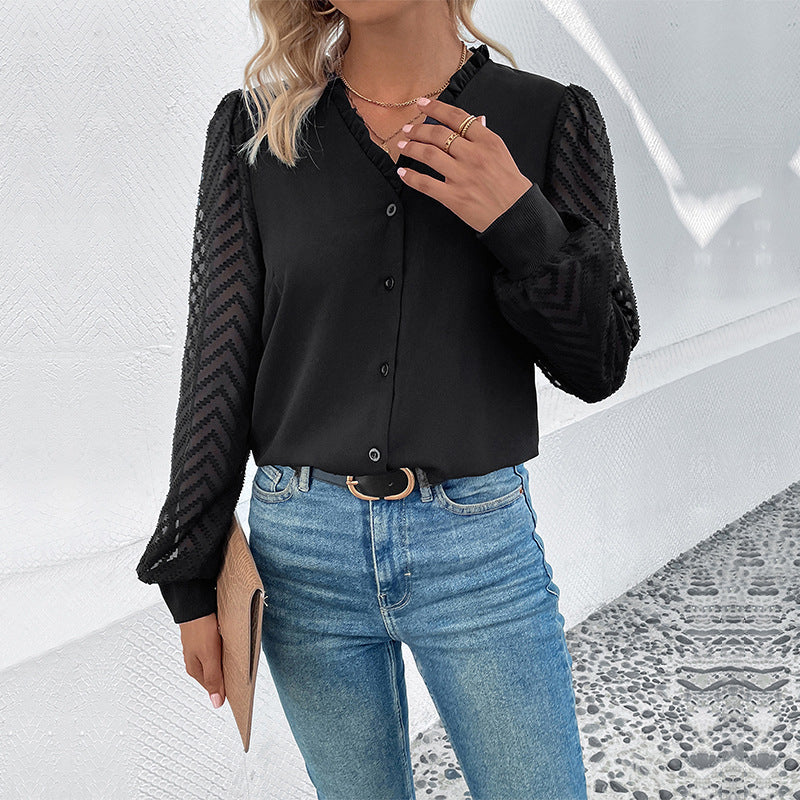 Women's Elegant Chiffon Blouse with Transparent Structured Sleeves, V-Neck and Button Placket