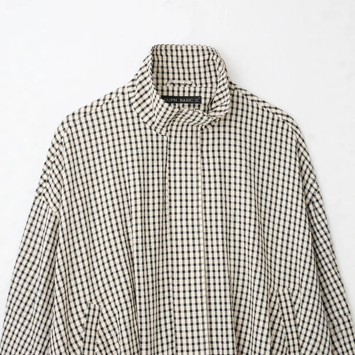 Women Check Cropped Oversized Jacket with Funnel Collar and Tulip Shape Mune Fashion