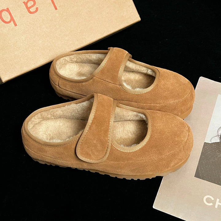 Women's Cozy Velour Mary Jane Slippers with Teddy Lining and Velcro Mune Fashion