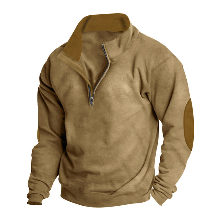 Men's casual cardigan with short front zipper, soft inner lining, and suede sleeve trim Mune Fashion