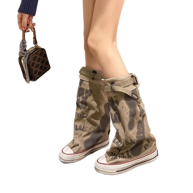 Damen Canvas-Gaiter-Boots mit integrierter Sneaker-Sohle und verstellbarem Schnallenriemen Mune Fashion
