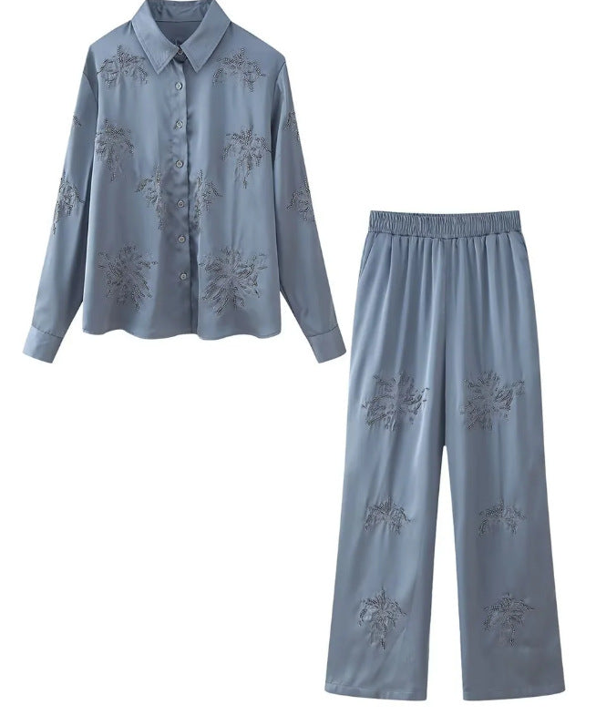 Women's embroidered silk-look blouse with sparkling crystal embellishments and shirt collar Mune Fashion