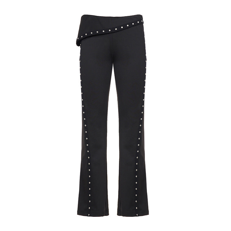 Women’s flared trousers with wrap waistband and decorative press stud placket Mune Fashion