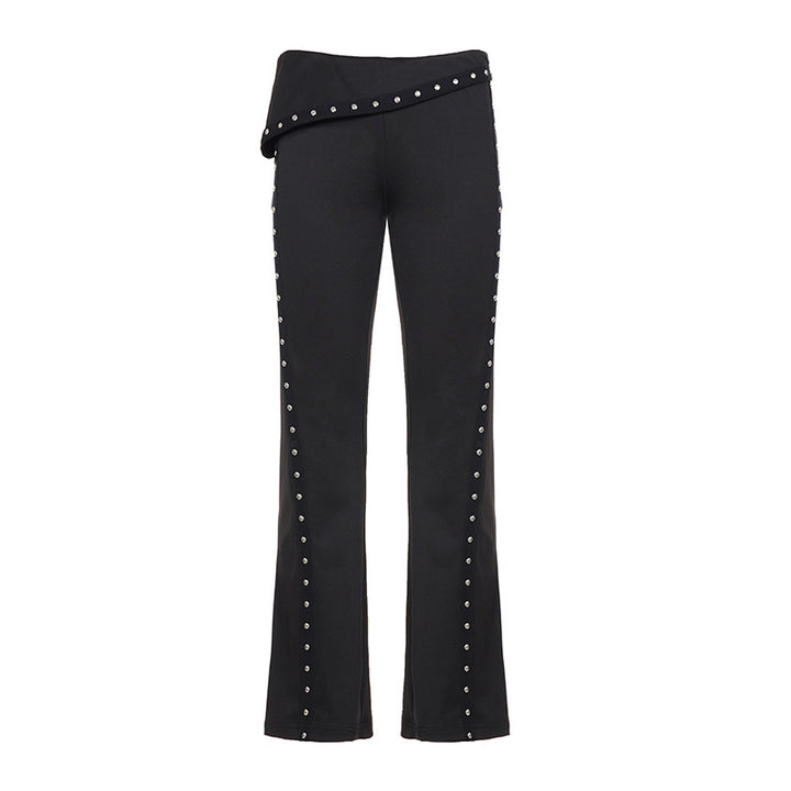 Women’s flared trousers with wrap waistband and decorative press stud placket Mune Fashion