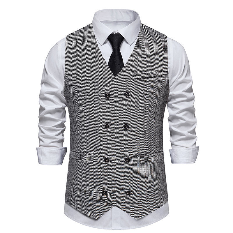 Men's Double-Breasted Herringbone Vest with Suit Look and V-Neck Mune Fashion