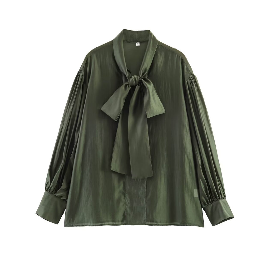 Women's tie blouse made of shiny satin with voluminous balloon sleeves Mune Fashion