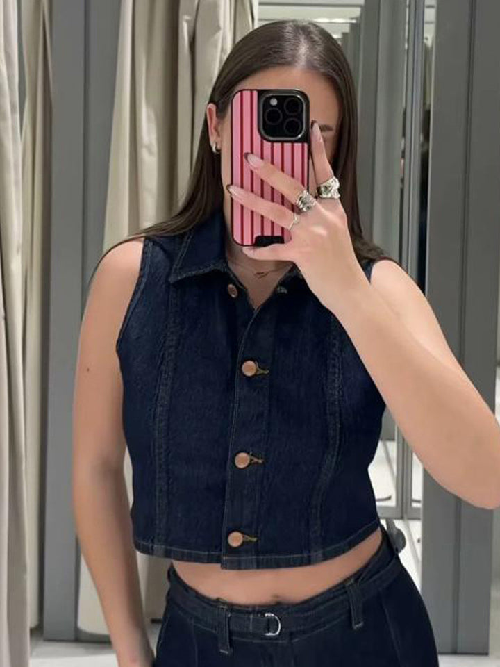 Women Short Cut Denim Vest with Tailored Paneling and Metal Button Placket Mune Fashion