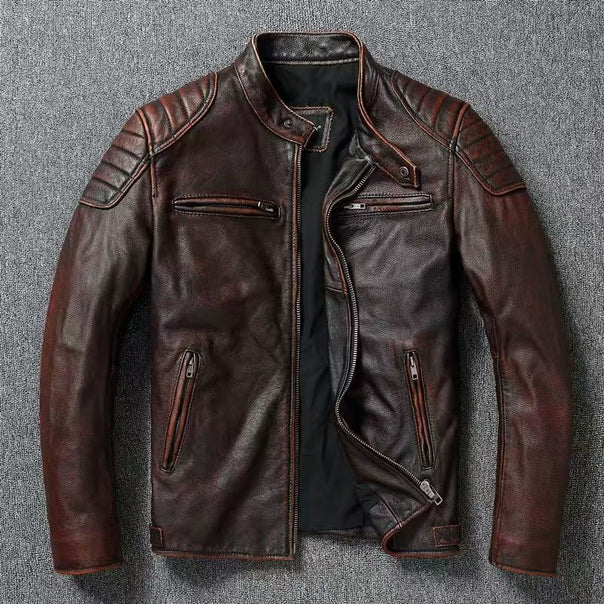 Men's leather jacket in vintage biker style with chest pockets and zipper Mune Fashion