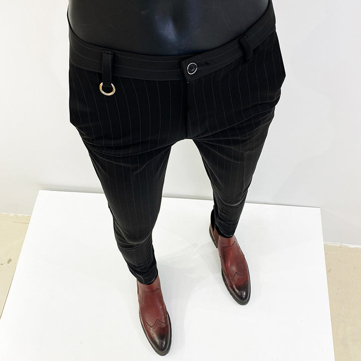 Men's slim-fit pinstripe suit trousers with elastic waistband and ring detail Mune Fashion