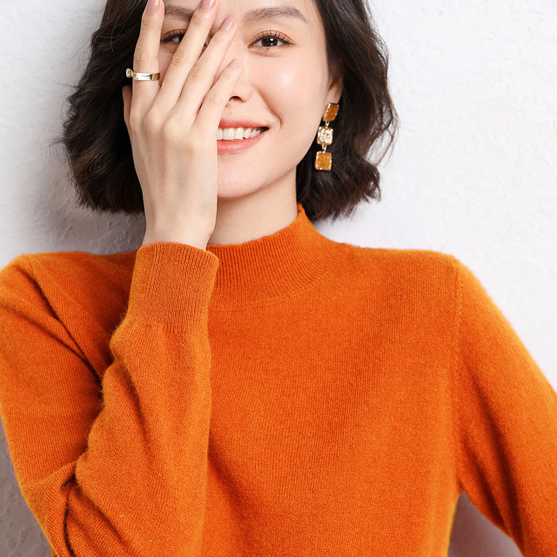 Women Luxurious Cashmere Fine Knit Sweater with Standing Collar Mune Fashion