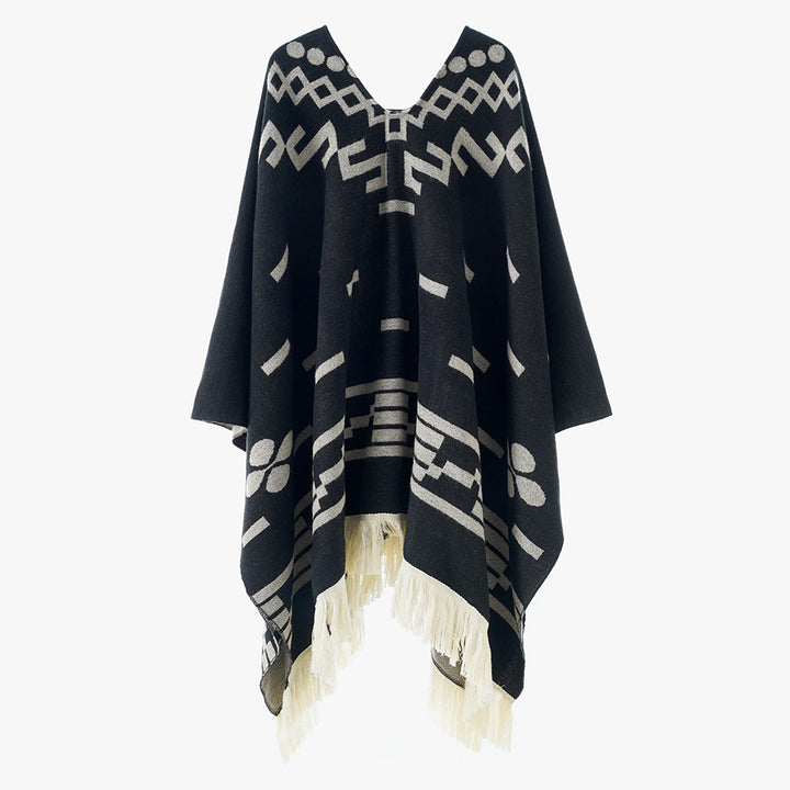Women's Oversize Poncho in Boho Style with V-neck, Jacquard Pattern and Long Fringes Mune Fashion