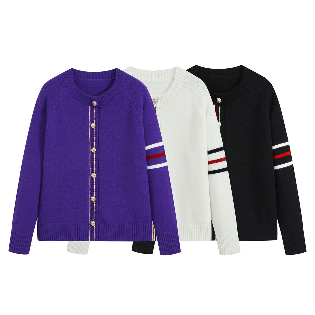 Women's Casual Ribbed Cardigan with Gold Buttons and Sporty Sleeve Stripes Mune Fashion