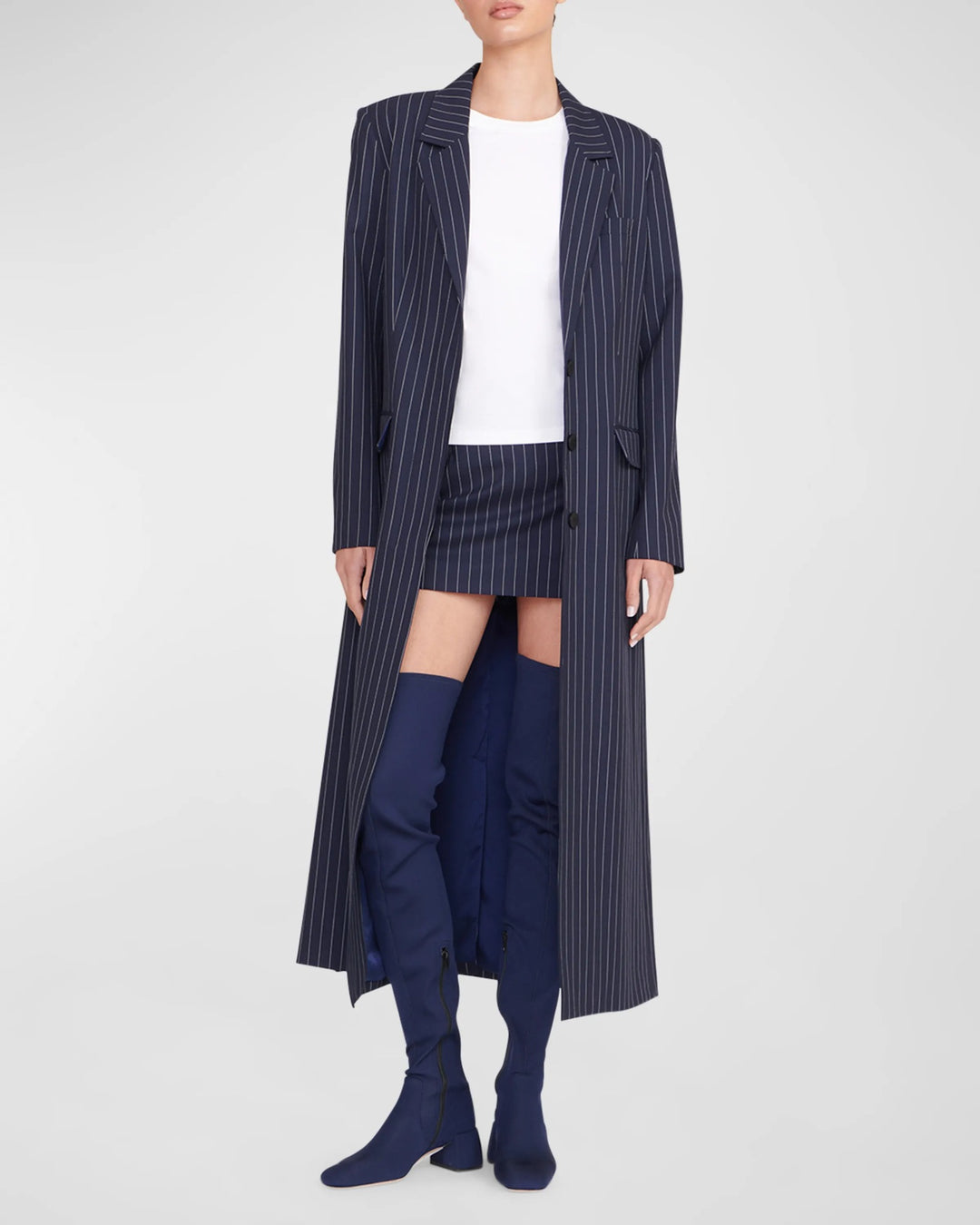 Women's Oversize Longline Coat in Pinstripe Look with Slit and Flap Pockets Mune Fashion