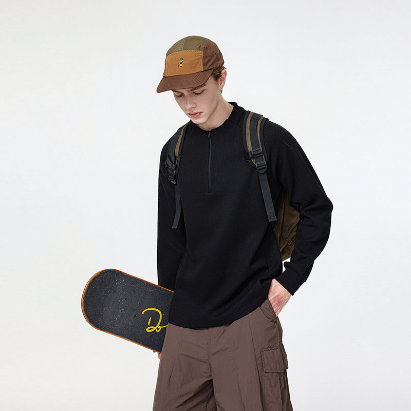 Men's waffle structure half-zip pullover with stand collar and relaxed fit Drune