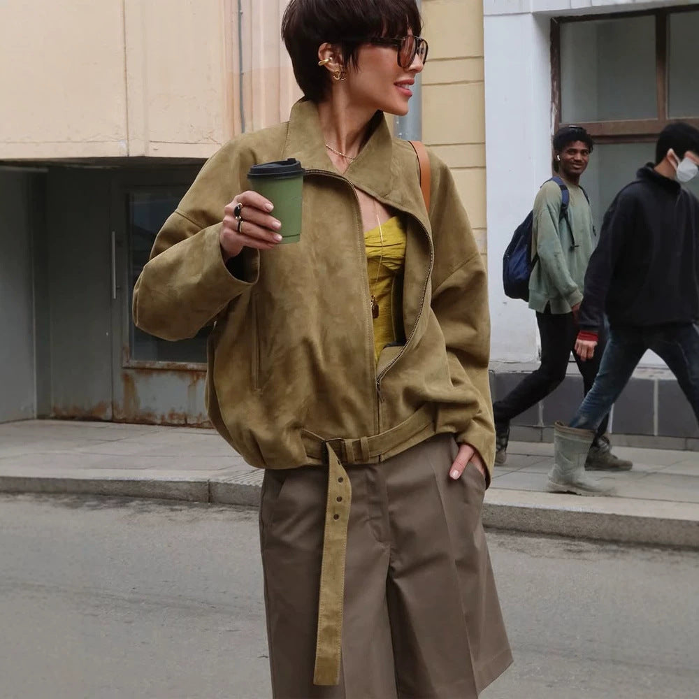 Women's Oversized Suede Bomber Jacket with Tailoring Belt and Asymmetrical Zipper Mune Fashion