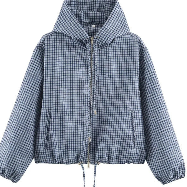 Women Checked Cropped Hoodie with Drawstring Hem and Two-Way Zip Mune Fashion