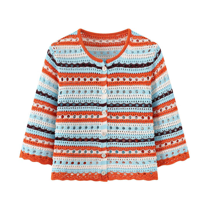 Women's crochet cardigan with lace pattern, striped texture and three-quarter sleeves Mune Fashion