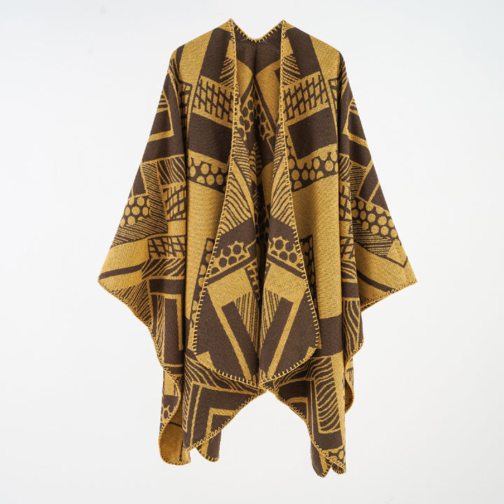 Women's Soft Draping Jacquard Cape with Geometric Allover Pattern and Open Kimono Fit Mune Fashion