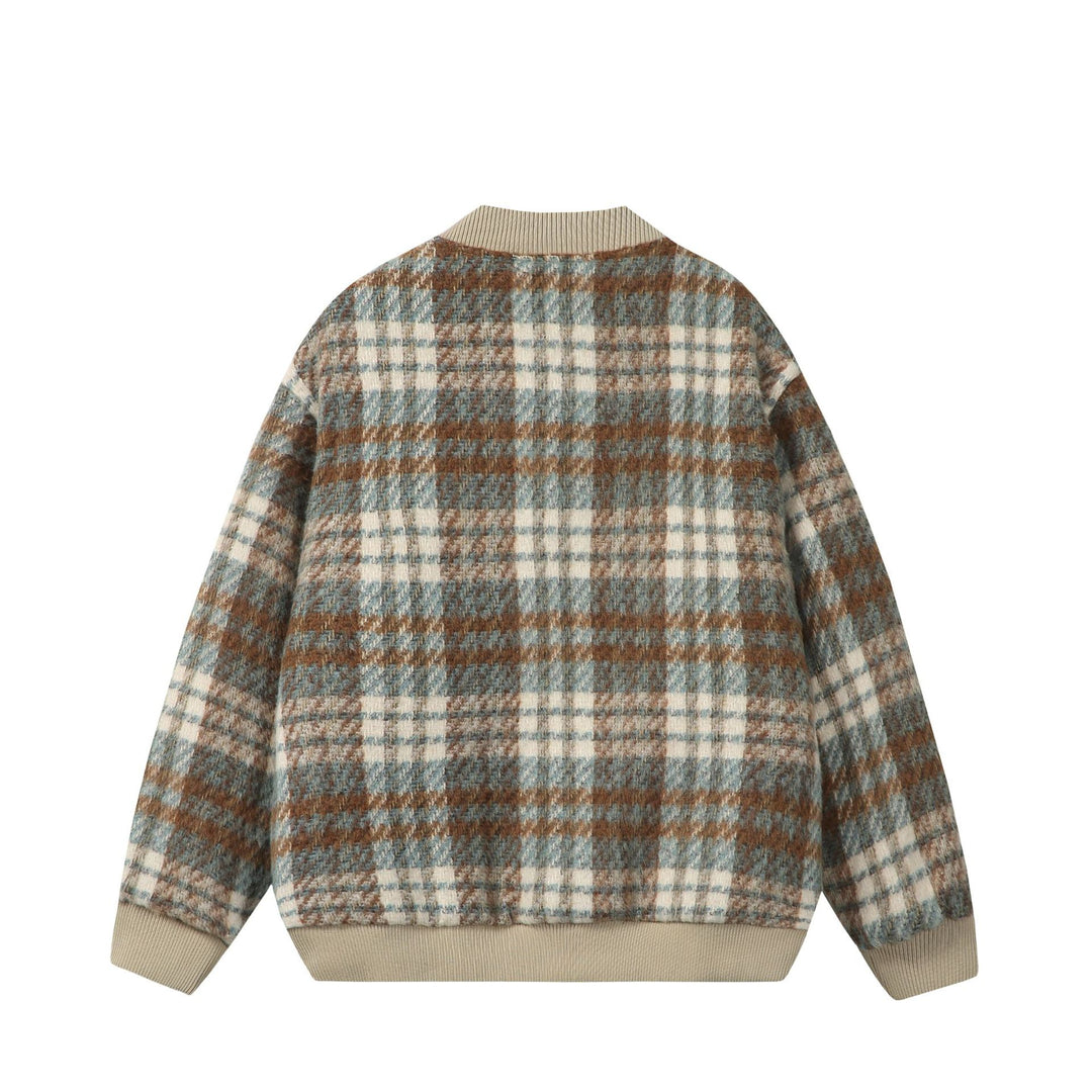 Unisex Short boxy cut wool mix bomber with check pattern and ribbed cuff Mune Fashion