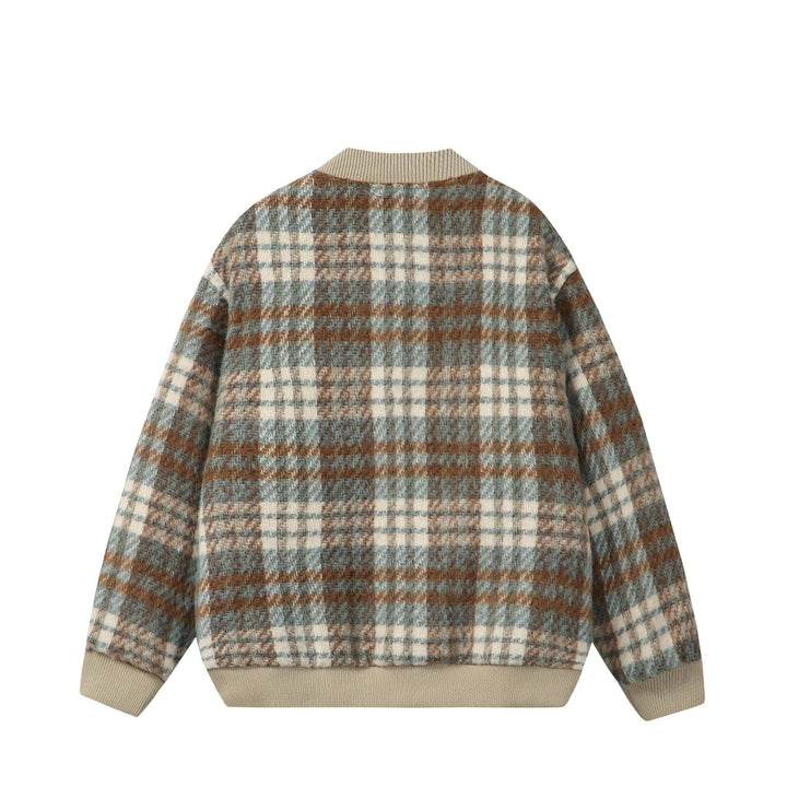 Unisex Short boxy cut wool mix bomber with check pattern and ribbed cuff Mune Fashion