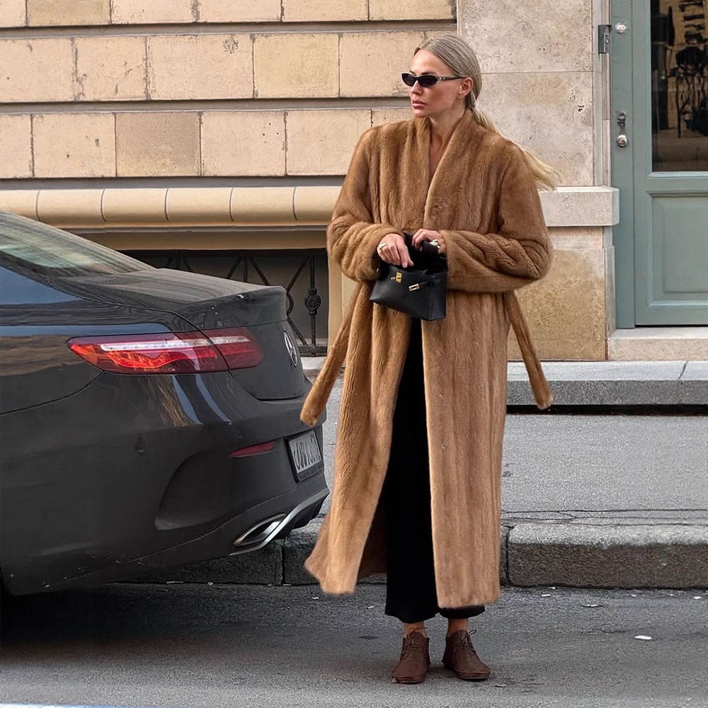Women Luxurious Long Fur Coat with Shawl Collar and Flattering Oversize Cut Mune Fashion