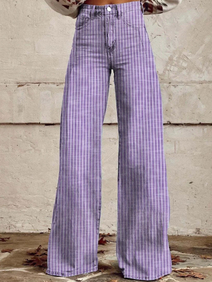 Women's High-Cut Wide-Leg Jeans with Modern Stripe Pattern Mune Fashion