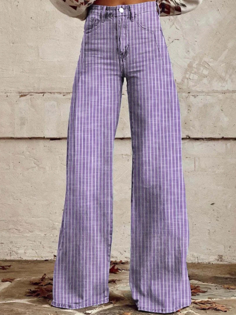 Women's High-Cut Wide-Leg Jeans with Modern Stripe Pattern Mune Fashion