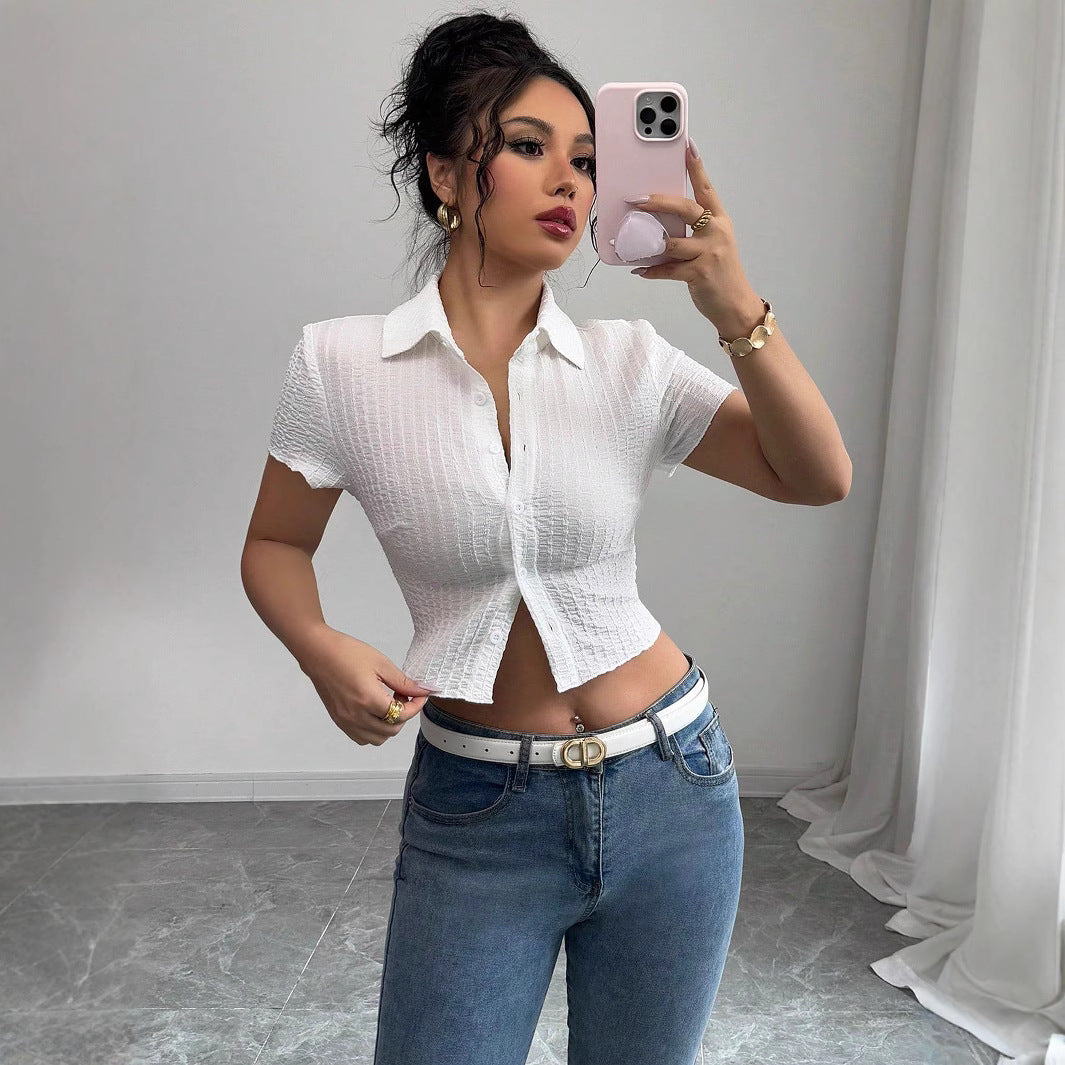 Women's tailored cropped blouse with crepe structure, shirt collar, and button placket Mune Fashion