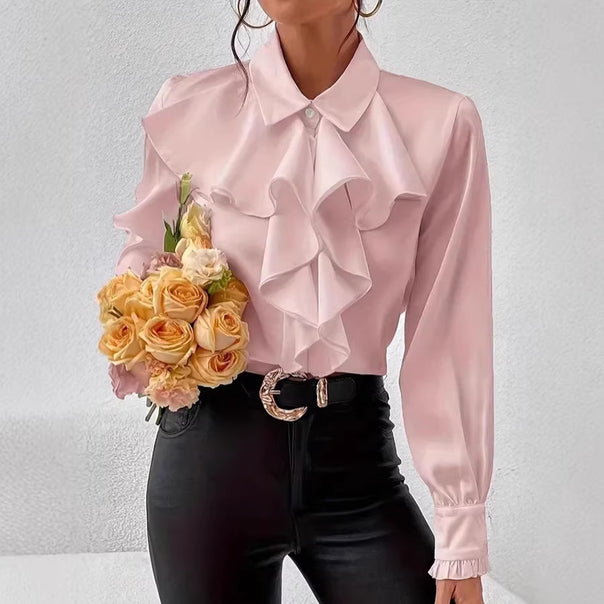 Women Elegant Ruffled Blouse with Flounces, Shirt Collar and Cuffs Drune
