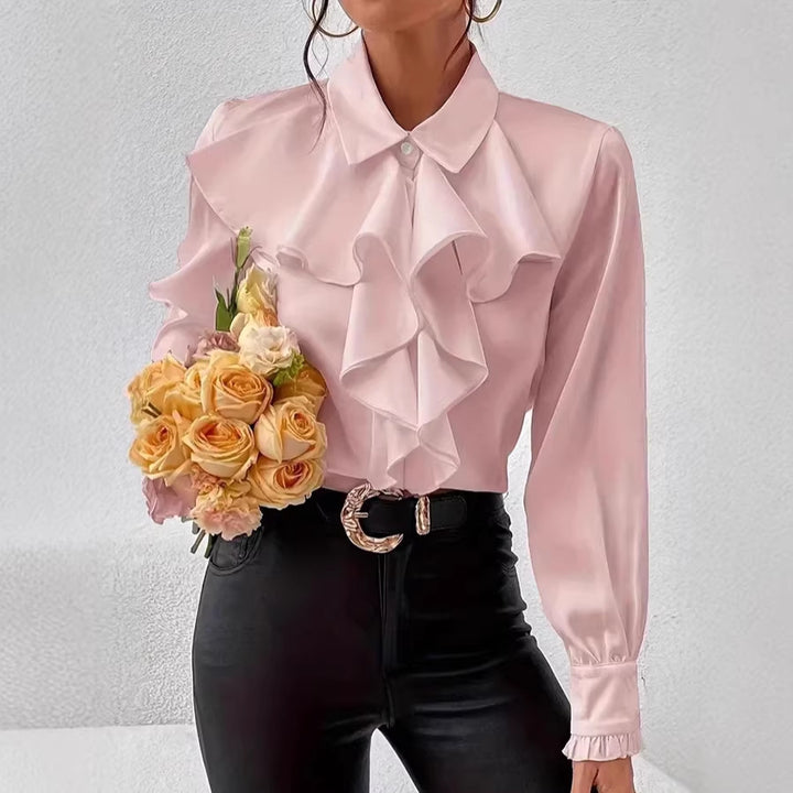 Women Elegant Ruffled Blouse with Flounces, Shirt Collar and Cuffs Drune