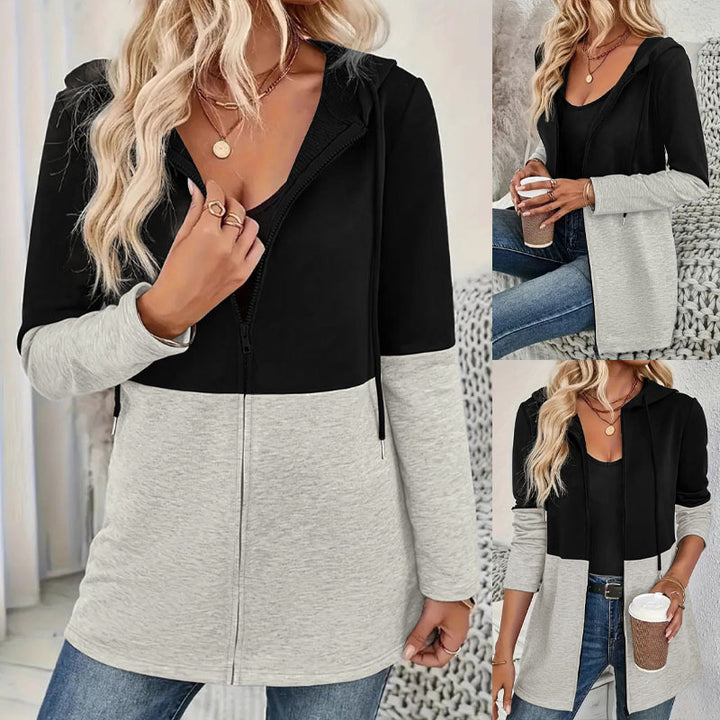 Women Longline Hooded Sweat Jacket with Color Block, Zip and Side Pockets Mune Fashion