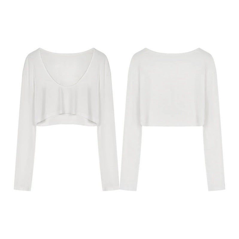 Ladies short cut long sleeve crop top with wide round neck