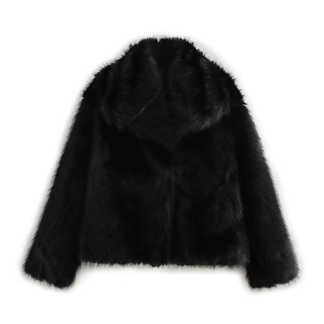 Women short cut boxy faux fur coat with shawl collar Mune Fashion