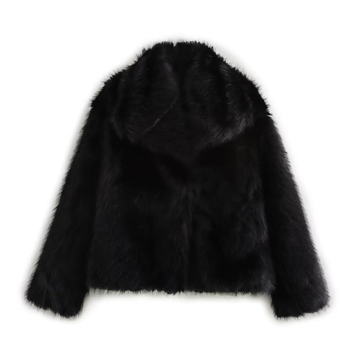 Women short cut boxy faux fur coat with shawl collar Mune Fashion