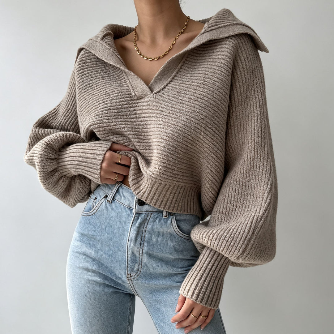 Women's Oversized Knit Sweater with Sailor Collar and Deep V-Neck Mune Fashion