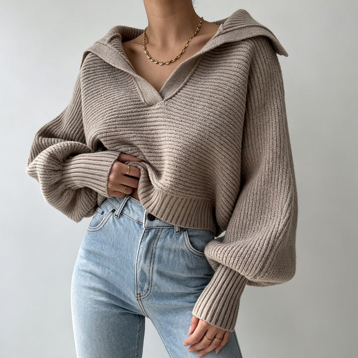 Women's Oversized Knit Sweater with Sailor Collar and Deep V-Neck Mune Fashion