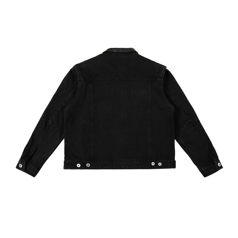 Men's Boxy Denim Jacket with Faux Leather Collar and Visible Metal Buttons Mune Fashion