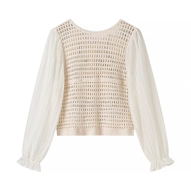 Ladies Embroidered Crochet Knit Cardigan with Transparent Pleated Sleeves Mune Fashion