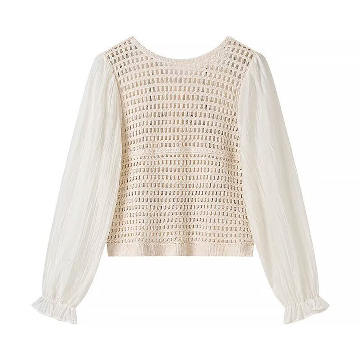 Ladies Embroidered Crochet Knit Cardigan with Transparent Pleated Sleeves Mune Fashion