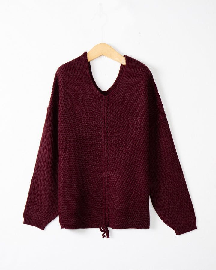 Women's knit sweater with cable center seam, V-neck and drawstring Mune Fashion