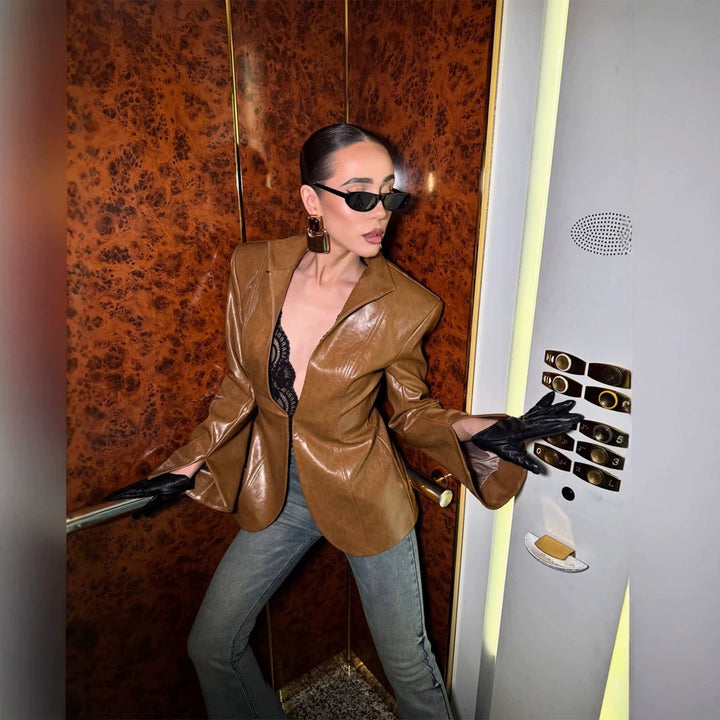 Women's fitted leather look blazer with stand collar & extended cuffs Mune Fashion