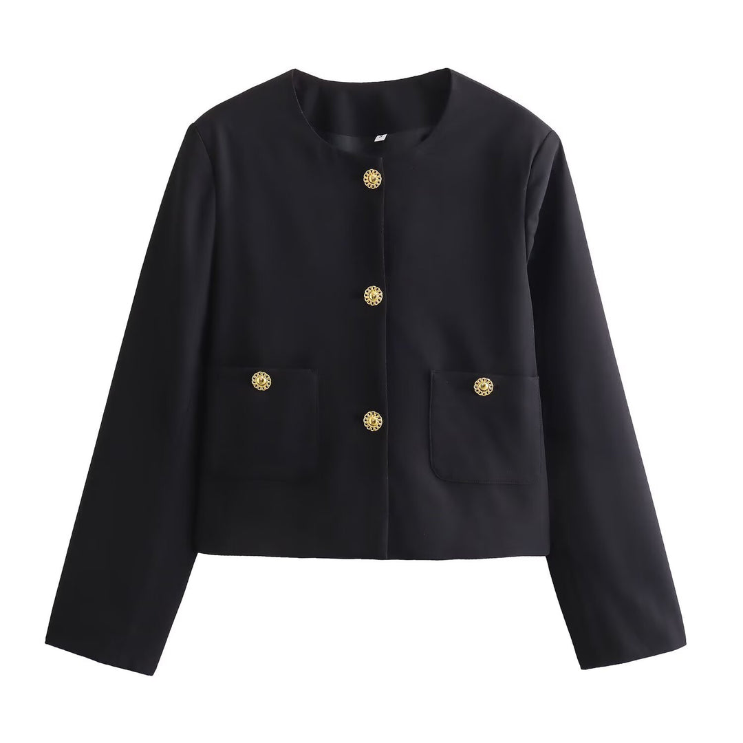 Women’s short blazer in boxy cut with decorative decorative buttons and patch pockets Mune Fashion