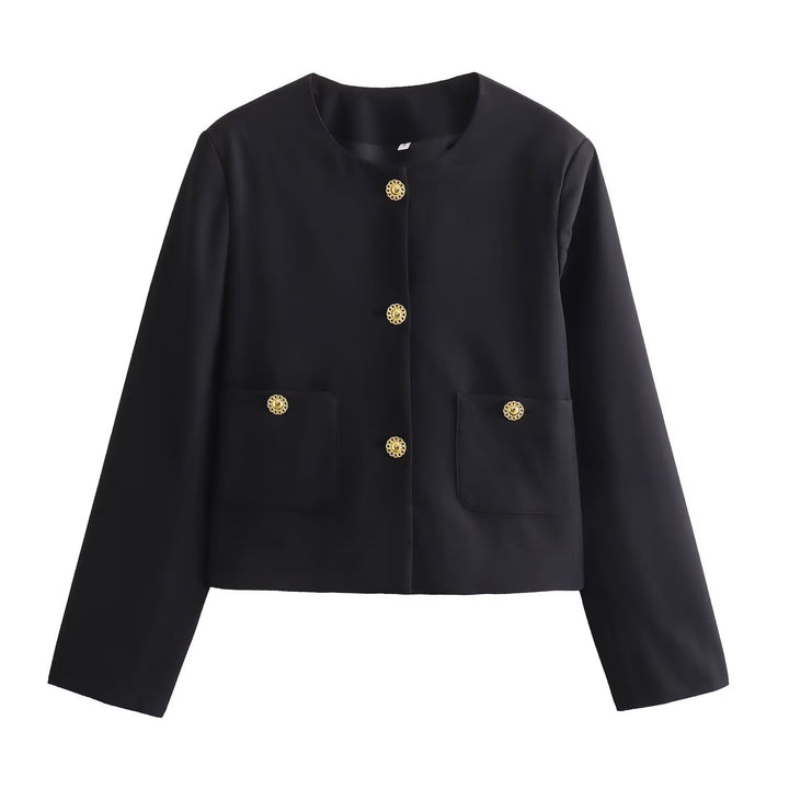Women’s short blazer in boxy cut with decorative decorative buttons and patch pockets Mune Fashion