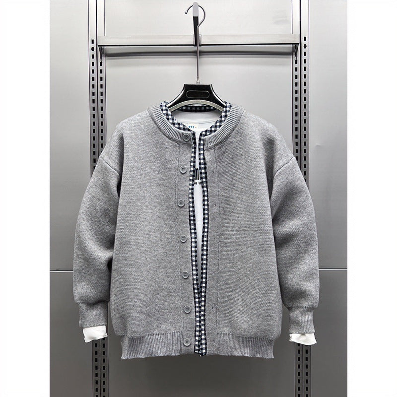 Unisex Casual Knit Jacket in Layering Look with Round Neck and Contrast Check Inner Layer Mune Fashion