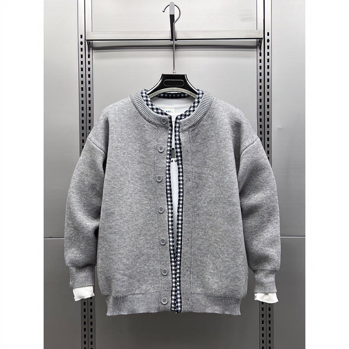 Unisex Casual Knit Jacket in Layering Look with Round Neck and Contrast Check Inner Layer Mune Fashion