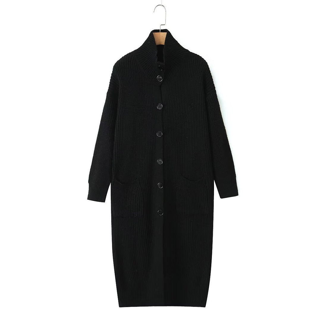 Women Long Chunky Knit Cardigan with Shawl Collar, Button Placket and Patch Pockets Mune Fashion